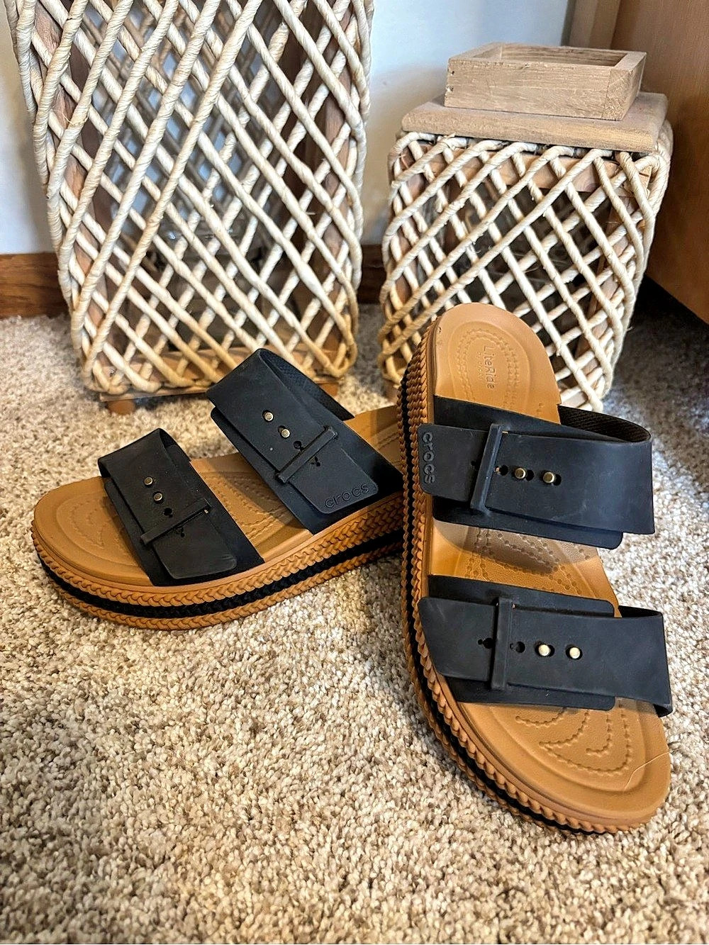 Crocs Brooklyn Buckle Low Wedge Sandals in Black & Brown